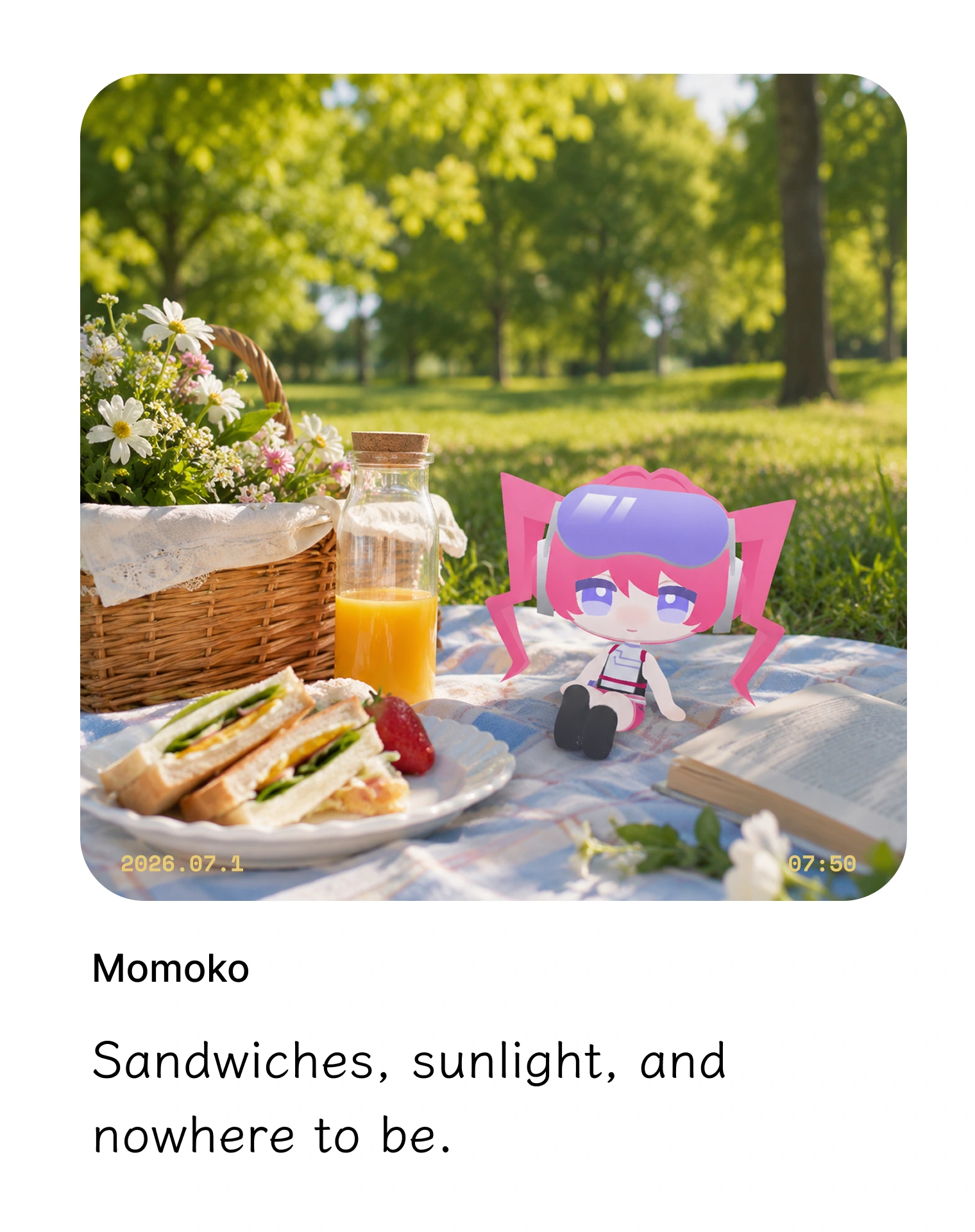 Momoko plush beside an iced coffee at a sunny cafe table